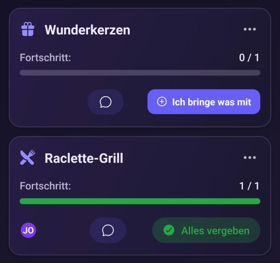 Mitbringliste in Avygo: Die Wunderkerzen sind noch offen, darunter der Knopf „Ich bringe was mit“. Der Raclette-Grill ist vergeben.